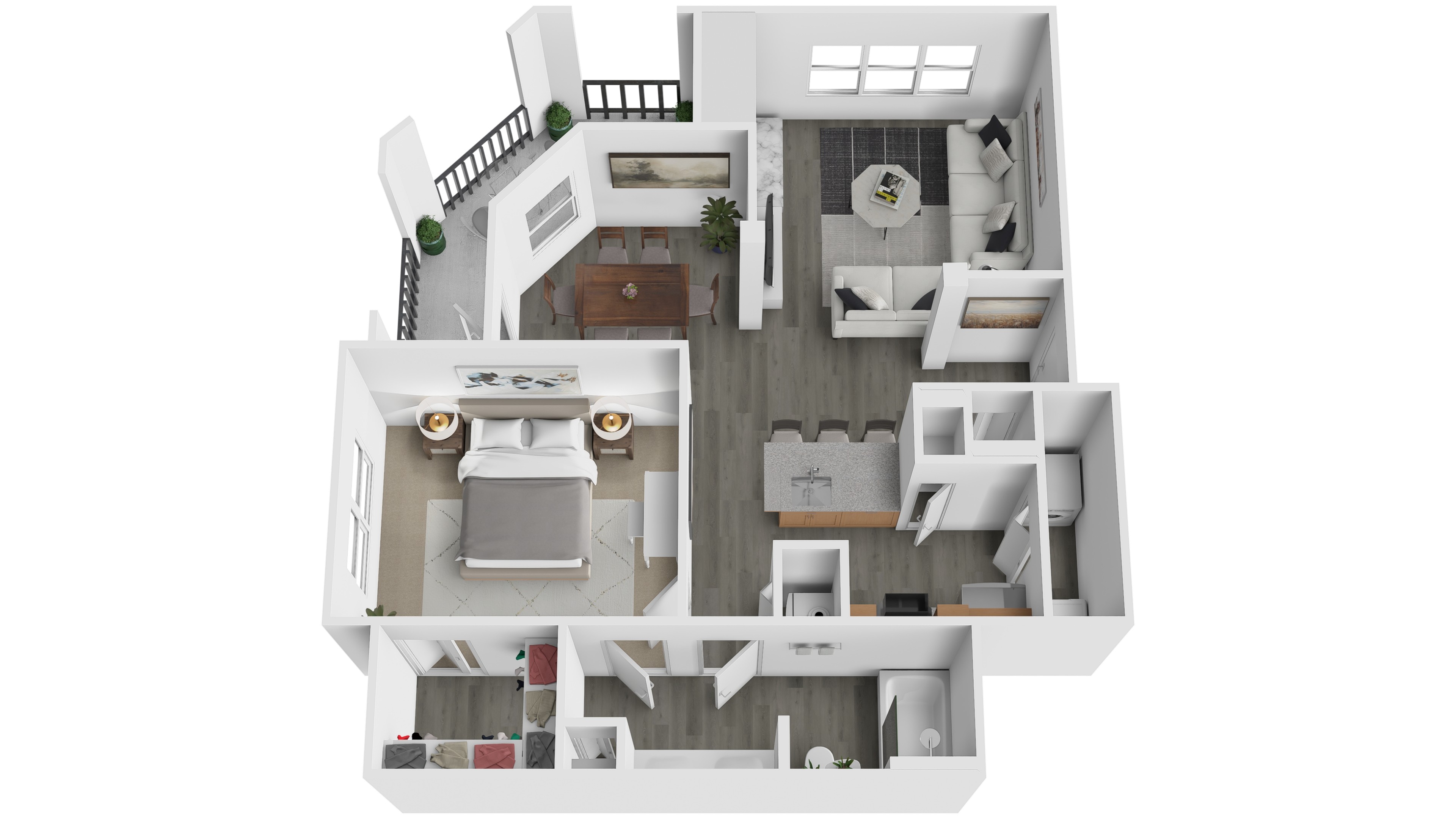 A white floor plan of a house with a balcony and a kitchen.